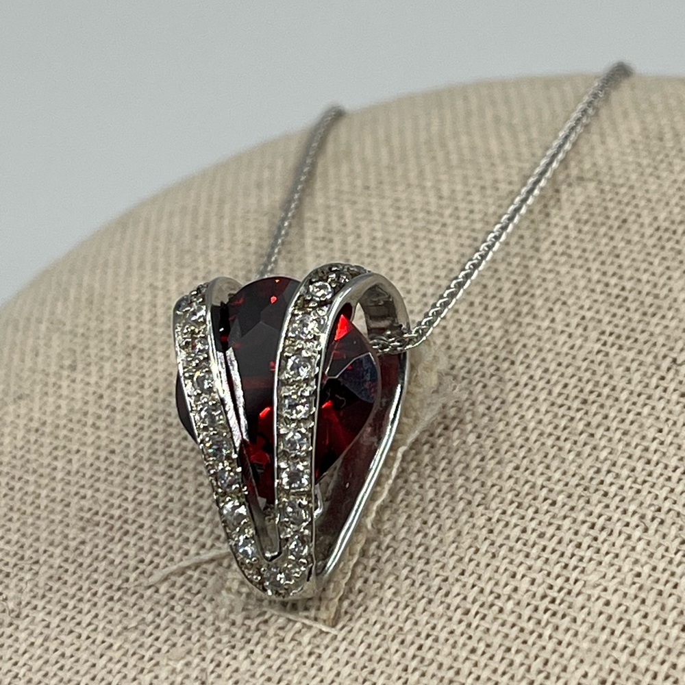 14K White Gold Chain w/ Sterling Silver Garnet Heart Pendant – 18" - Picture 6 of 16